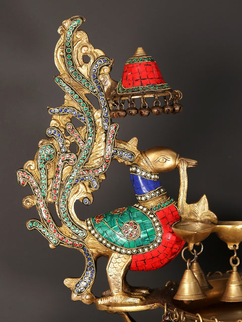 41" Peacock Urli with Lamp and Bells | Brass with Inlay Art