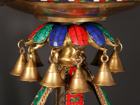 41" Peacock Urli with Lamp and Bells | Brass with Inlay Art