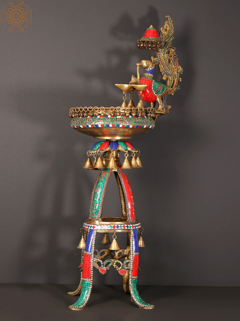 41" Peacock Urli with Lamp and Bells | Brass with Inlay Art