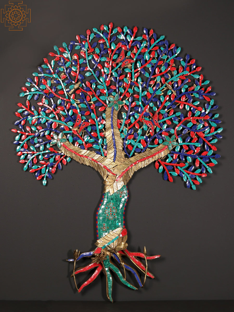 42" Large Tree of Life Brass Wall Hanging with Inlay Work