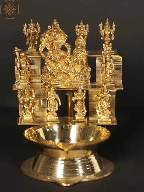 12" Brass Dashavatara Lamp with Vishnu Lakshmi at Center