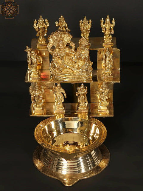 12" Brass Dashavatara Lamp with Vishnu Lakshmi at Center