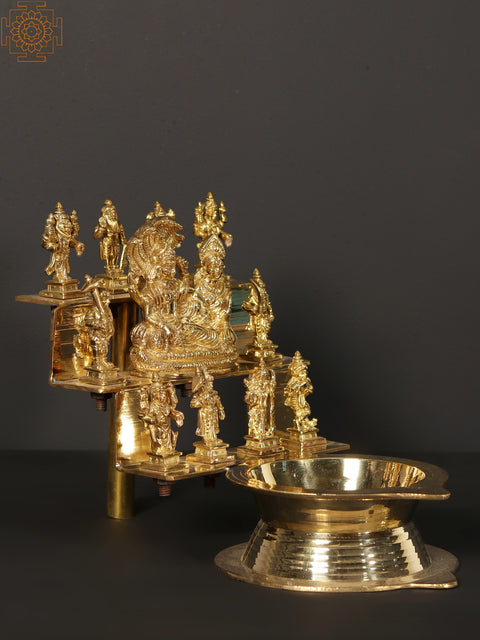 12" Brass Dashavatara Lamp with Vishnu Lakshmi at Center