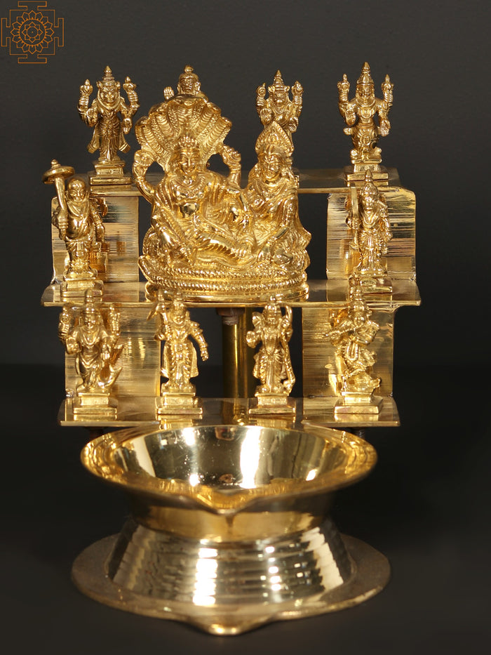 12" Brass Dashavatara Lamp With Vishnu Lakshmi Handmade