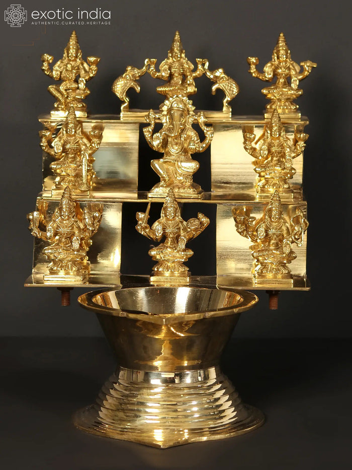 16" Brass Ashta Lakshmi Lamp with Ganesha Idol for Pooja