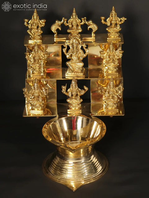 16" Brass Ashta Lakshmi Lamp with Ganesha at Center