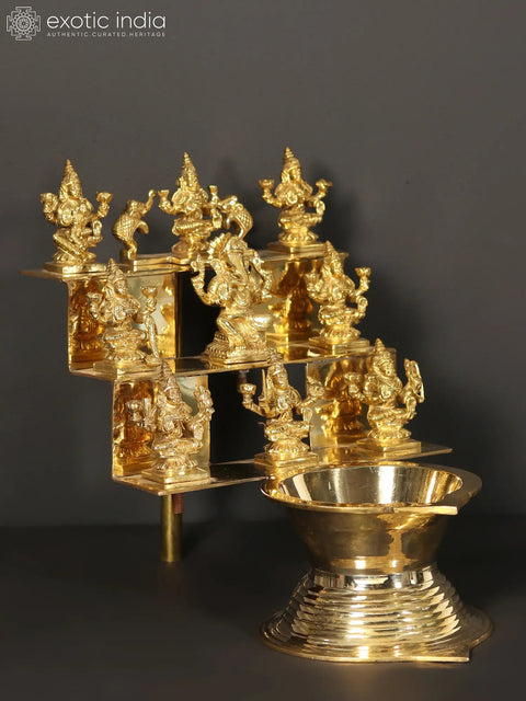 16" Brass Ashta Lakshmi Lamp with Ganesha at Center