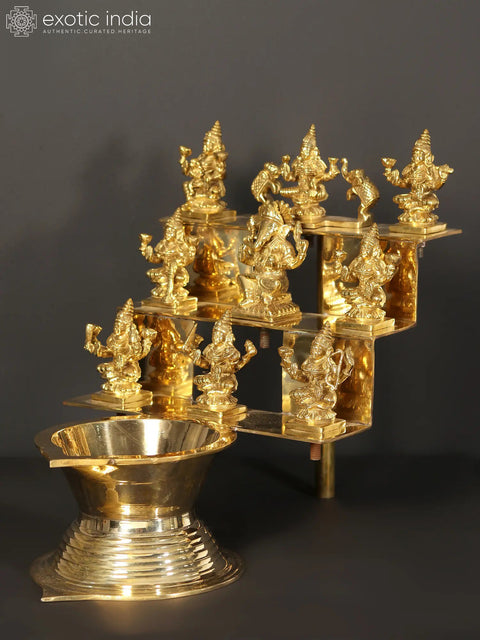 16" Brass Ashta Lakshmi Lamp with Ganesha at Center