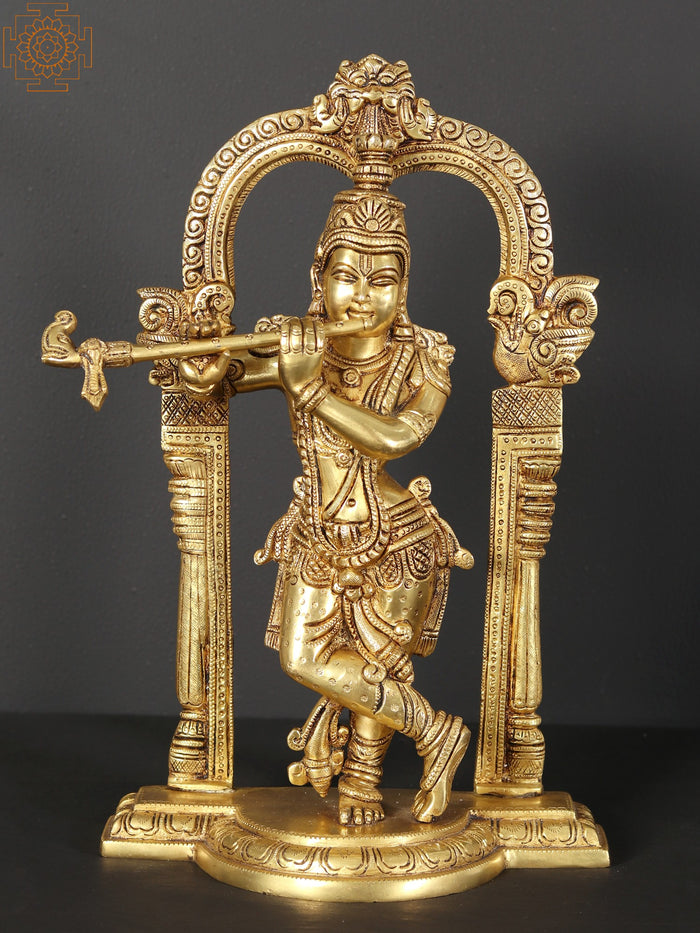 13" Krishna Tribhanga Brass Statue Playing Flute With Arch