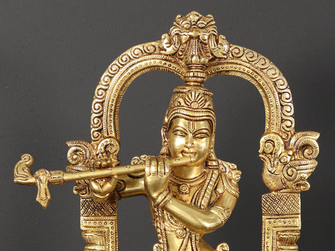 13" Tribhanga Murari (Krishna) Brass Statue Playing Flute With Kirtimukha Arch
