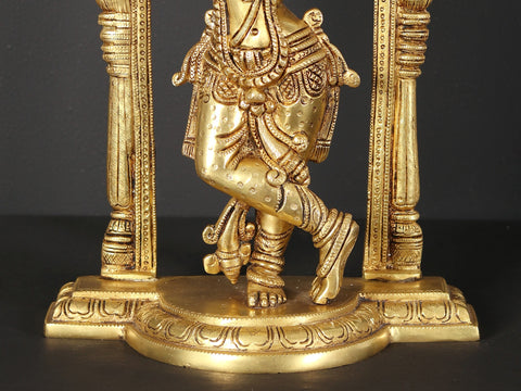 13" Tribhanga Murari (Krishna) Brass Statue Playing Flute With Kirtimukha Arch