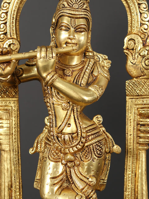 13" Tribhanga Murari (Krishna) Brass Statue Playing Flute With Kirtimukha Arch