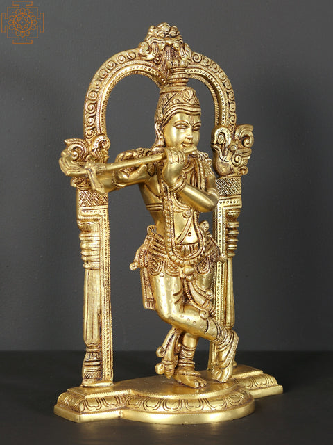 13" Tribhanga Murari (Krishna) Brass Statue Playing Flute With Kirtimukha Arch