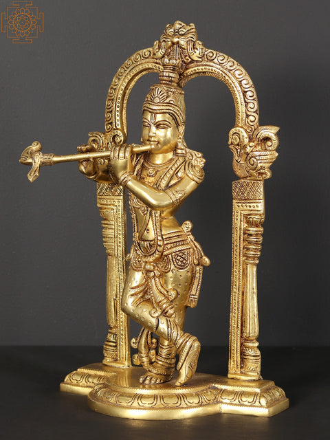 13" Tribhanga Murari (Krishna) Brass Statue Playing Flute With Kirtimukha Arch
