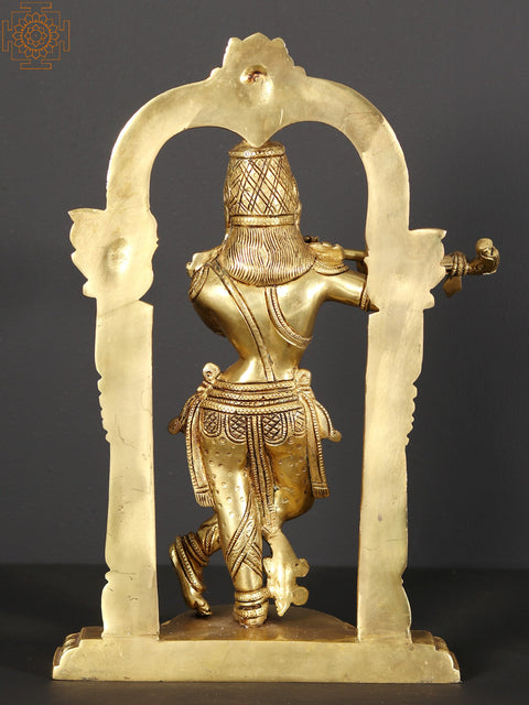 13" Tribhanga Murari (Krishna) Brass Statue Playing Flute With Kirtimukha Arch