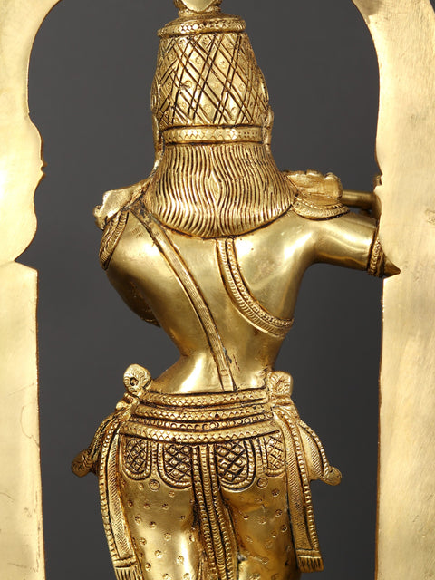 13" Tribhanga Murari (Krishna) Brass Statue Playing Flute With Kirtimukha Arch