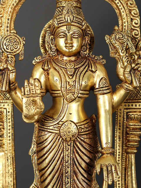 13" Standing Lord Vishnu Brass Statue with Kirtimukha Arch