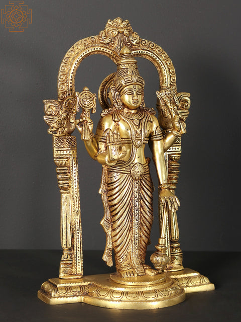 13" Standing Lord Vishnu Brass Statue with Kirtimukha Arch