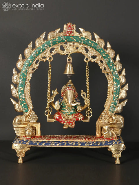15" Lord Ganesha Brass Idol on Swing with Inlay Work