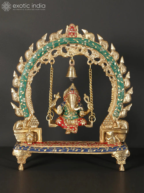 15" Lord Ganesha Brass Idol on Swing with Inlay Work