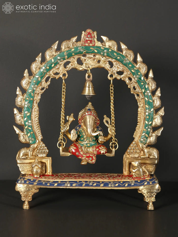 15" Lord Ganesha Brass Idol on Swing with Inlay Work
