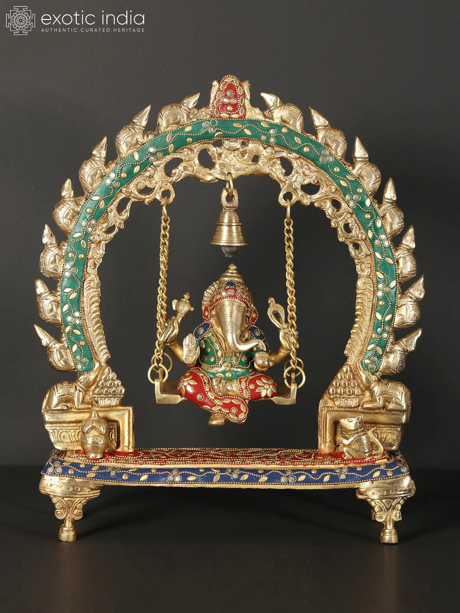 15" Lord Ganesha Brass Idol on Swing with Inlay Work