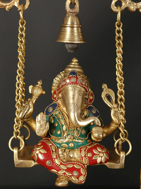 15" Lord Ganesha Brass Idol on Swing with Inlay Work