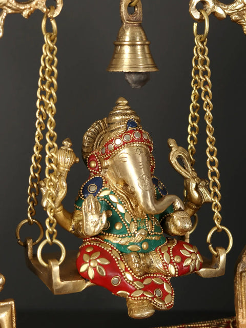 15" Lord Ganesha Brass Idol on Swing with Inlay Work