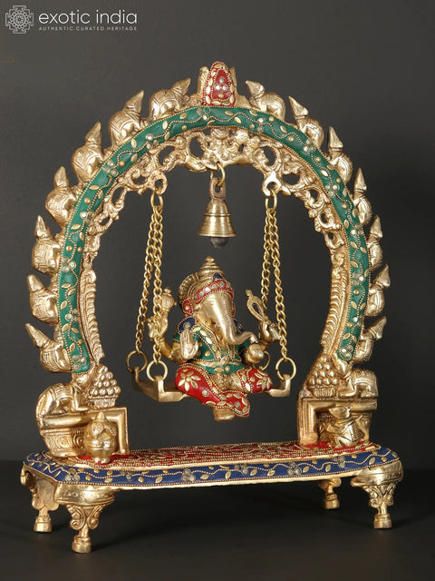 15" Lord Ganesha Brass Idol on Swing with Inlay Work
