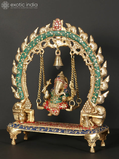 15" Lord Ganesha Brass Idol on Swing with Inlay Work