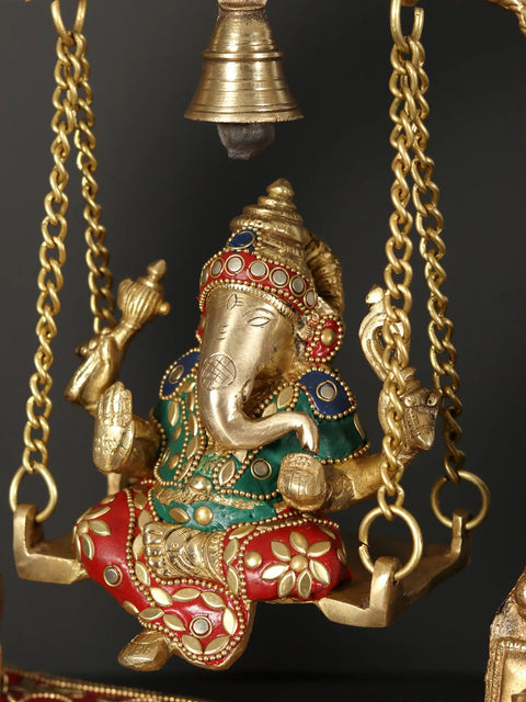 15" Lord Ganesha Brass Idol on Swing with Inlay Work