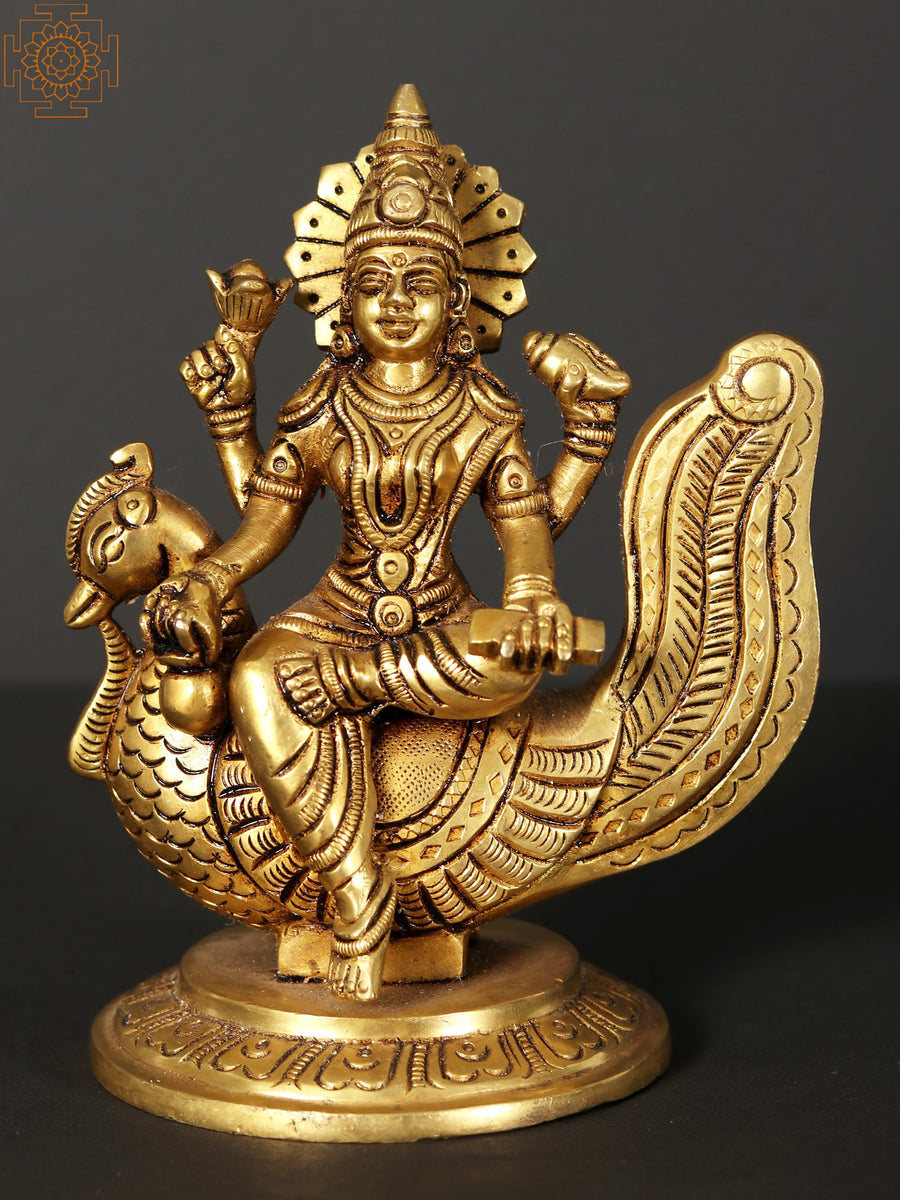 5" Goddess Gayatri Brass Statue on Swan Handmade
