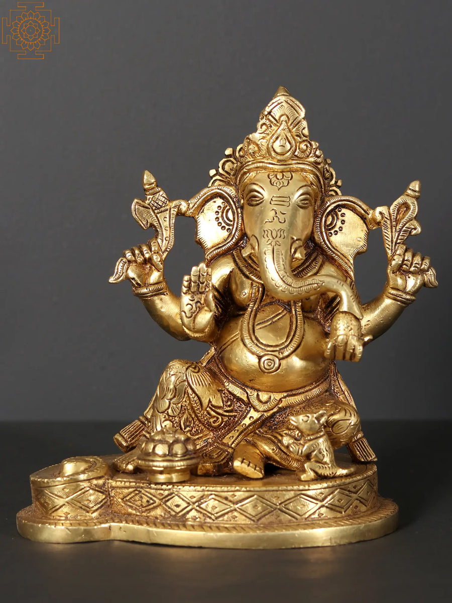 7" Chaturbhuja Ganapati Handmade Brass Idol