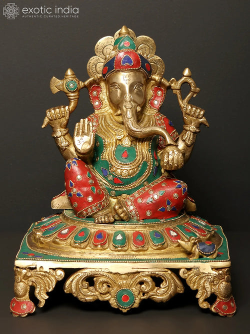 13" Four Armed Ganesha Brass Idol with Inlay Work