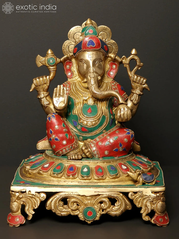 13" Four Armed Ganesha Brass Idol with Inlay Work