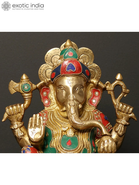 13" Four Armed Lord Ganesha Idol Seated on Pedestal | Brass Statue with Inlay Work