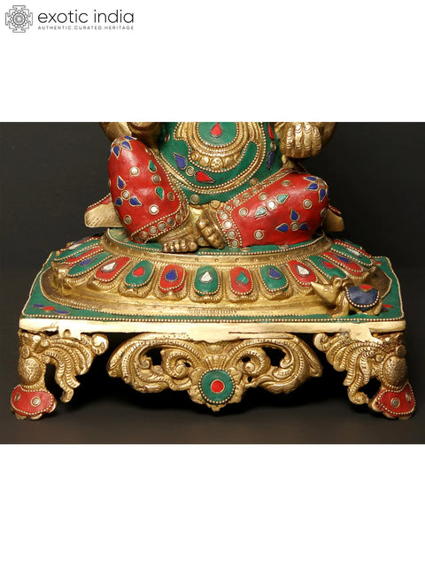 13" Four Armed Lord Ganesha Idol Seated on Pedestal | Brass Statue with Inlay Work