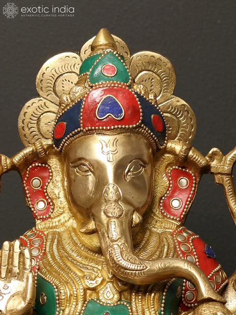 13" Four Armed Lord Ganesha Idol Seated on Pedestal | Brass Statue with Inlay Work