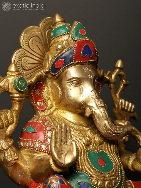 13" Four Armed Lord Ganesha Idol Seated on Pedestal | Brass Statue with Inlay Work