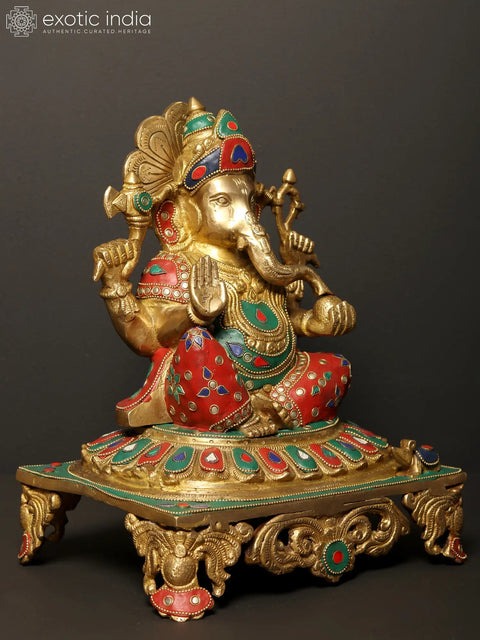 13" Four Armed Lord Ganesha Idol Seated on Pedestal | Brass Statue with Inlay Work
