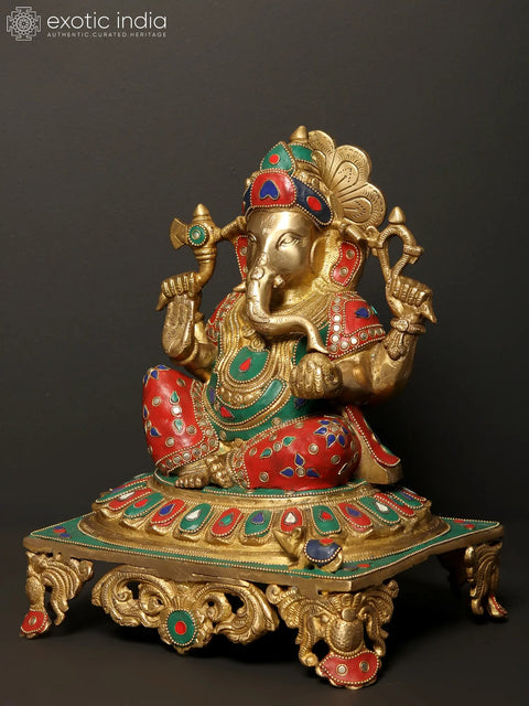 13" Four Armed Lord Ganesha Idol Seated on Pedestal | Brass Statue with Inlay Work