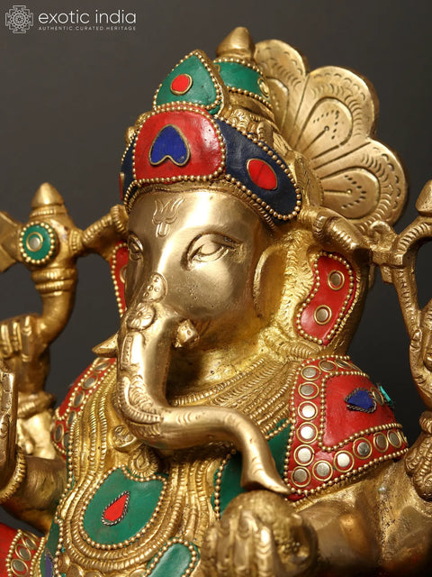 13" Four Armed Lord Ganesha Idol Seated on Pedestal | Brass Statue with Inlay Work