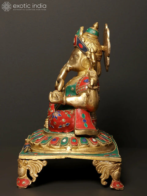 13" Four Armed Lord Ganesha Idol Seated on Pedestal | Brass Statue with Inlay Work