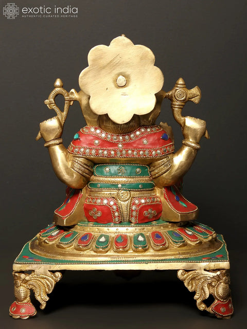 13" Four Armed Lord Ganesha Idol Seated on Pedestal | Brass Statue with Inlay Work