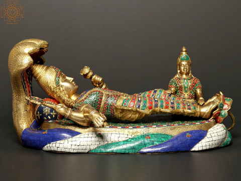 23" Shesha-Shayi Lord Vishnu Brass Statue with Inlay Work