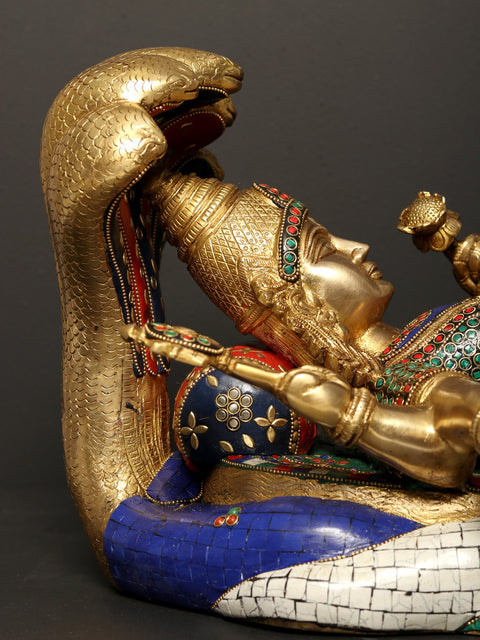 23" Shesha-Shayi Lord Vishnu Brass Statue with Inlay Work
