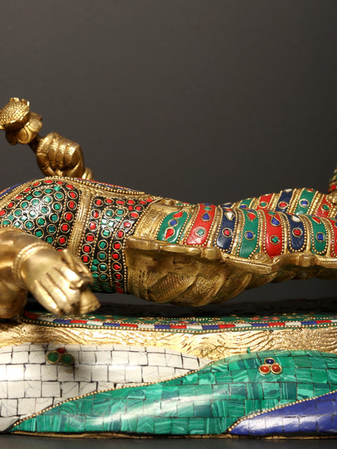 23" Shesha-Shayi Lord Vishnu Brass Statue with Inlay Work