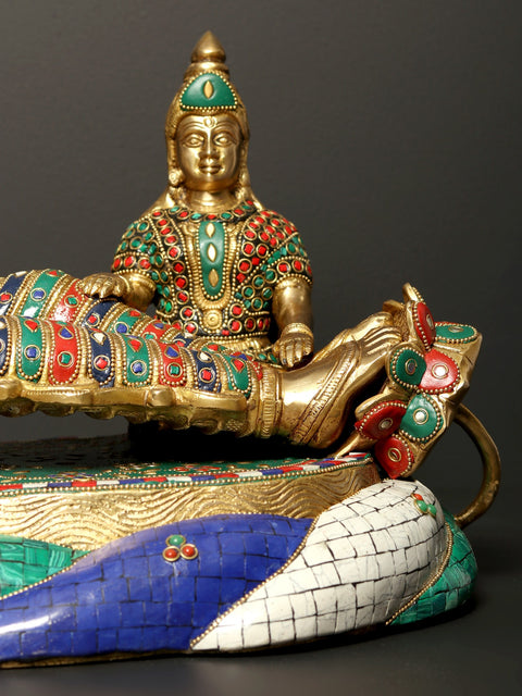 23" Shesha-Shayi Lord Vishnu Brass Statue with Inlay Work