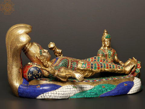 23" Shesha-Shayi Lord Vishnu Brass Statue with Inlay Work