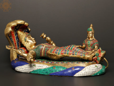 23" Shesha-Shayi Lord Vishnu Brass Statue with Inlay Work
